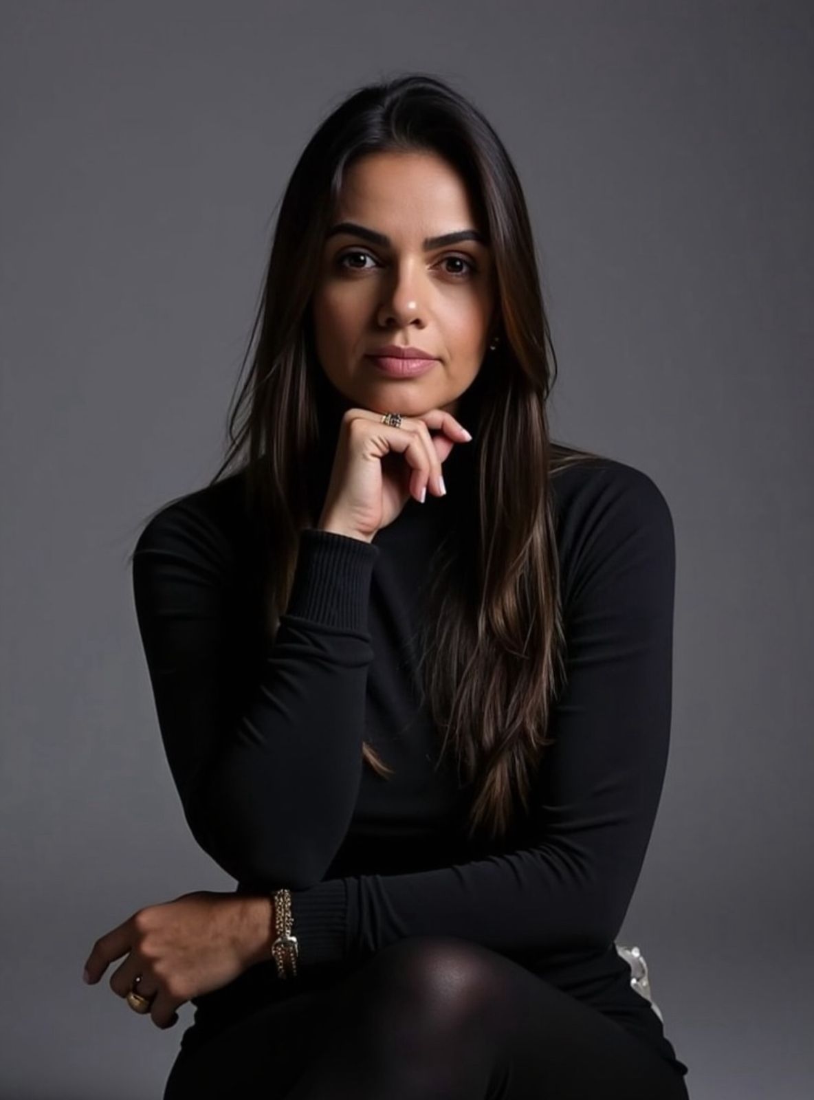 Retrato profissional de Sabrina Moraes, vestida de preto, em fundo cinza