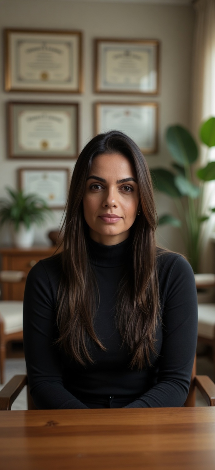 Sabrina Moraes em ambiente profissional, com diplomas e plantas ao fundo
